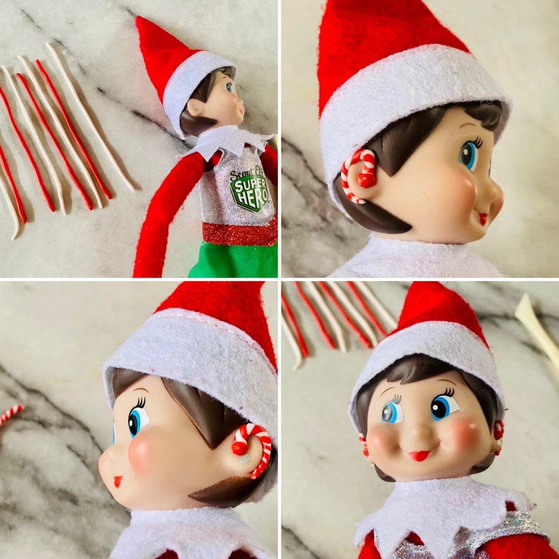 Image of Elf on the Shelf toy customized with candy cane-colored hearing aids. Links to Etsy seller.