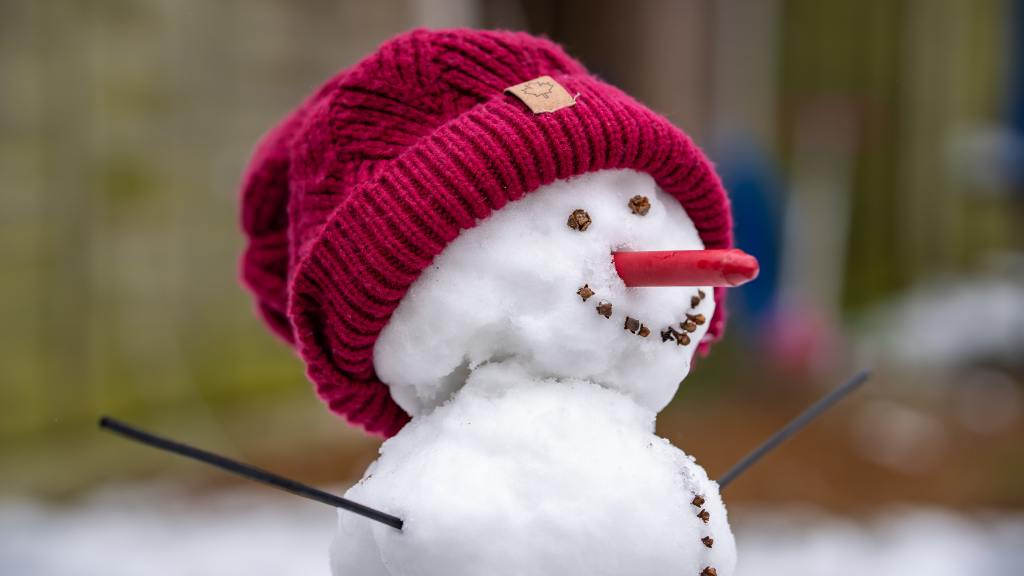 Image of snowman in red hat with smiling face.
