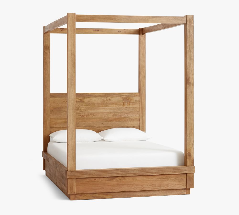 Image of wooden platform canopy bed, with link to Pottery Barn. 